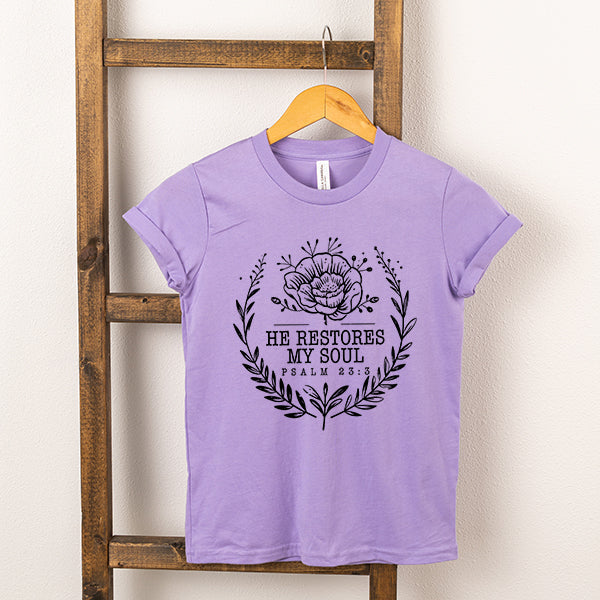 He Restores My Soul Distressed Youth Short Sleeve Crew