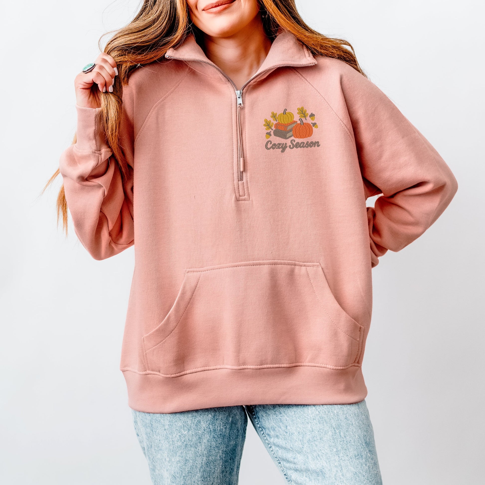 Embroidered Cozy Season Books - Women's Quarter Zip Fleece