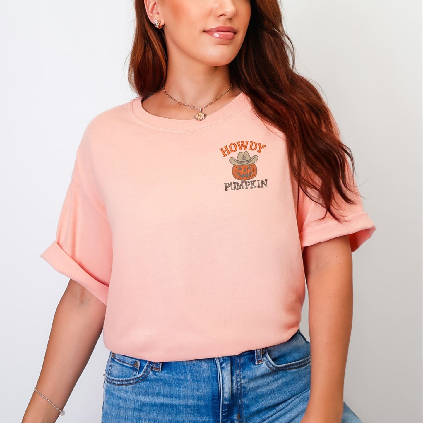 Embroidered Howdy Pumpkin - Women's Garment Dyed Tee