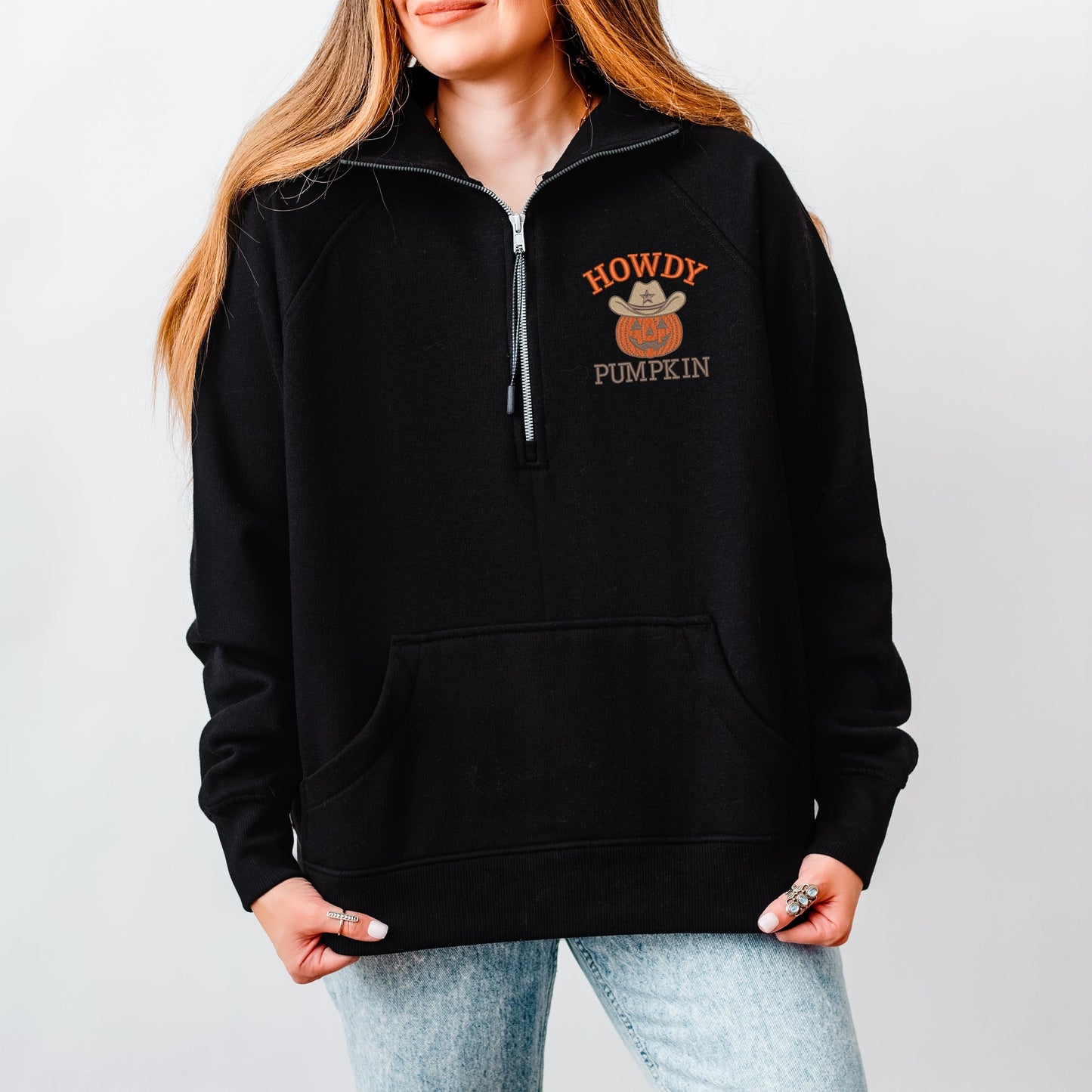 Embroidered Howdy Pumpkin - Women's Quarter Zip Fleece