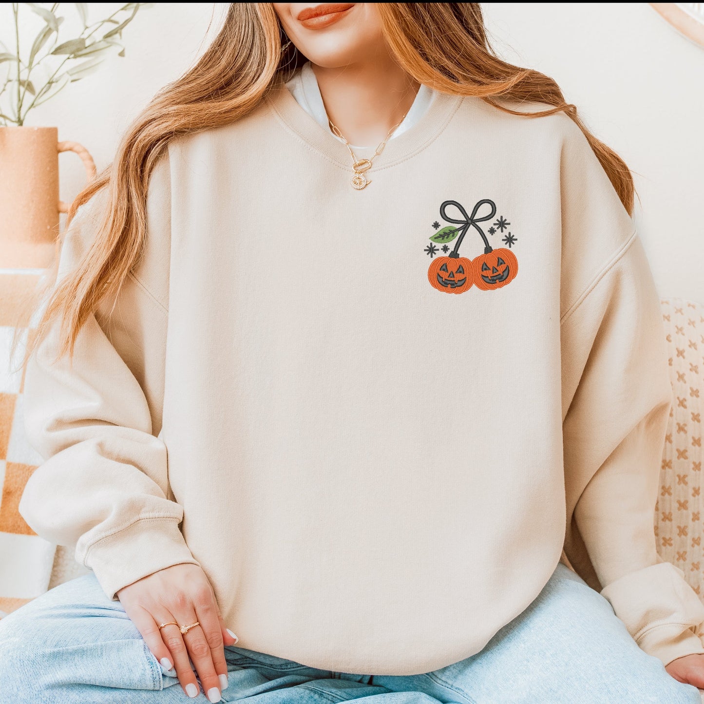 Embroidered Pumpkin Bow -  Women's Sweatshirt