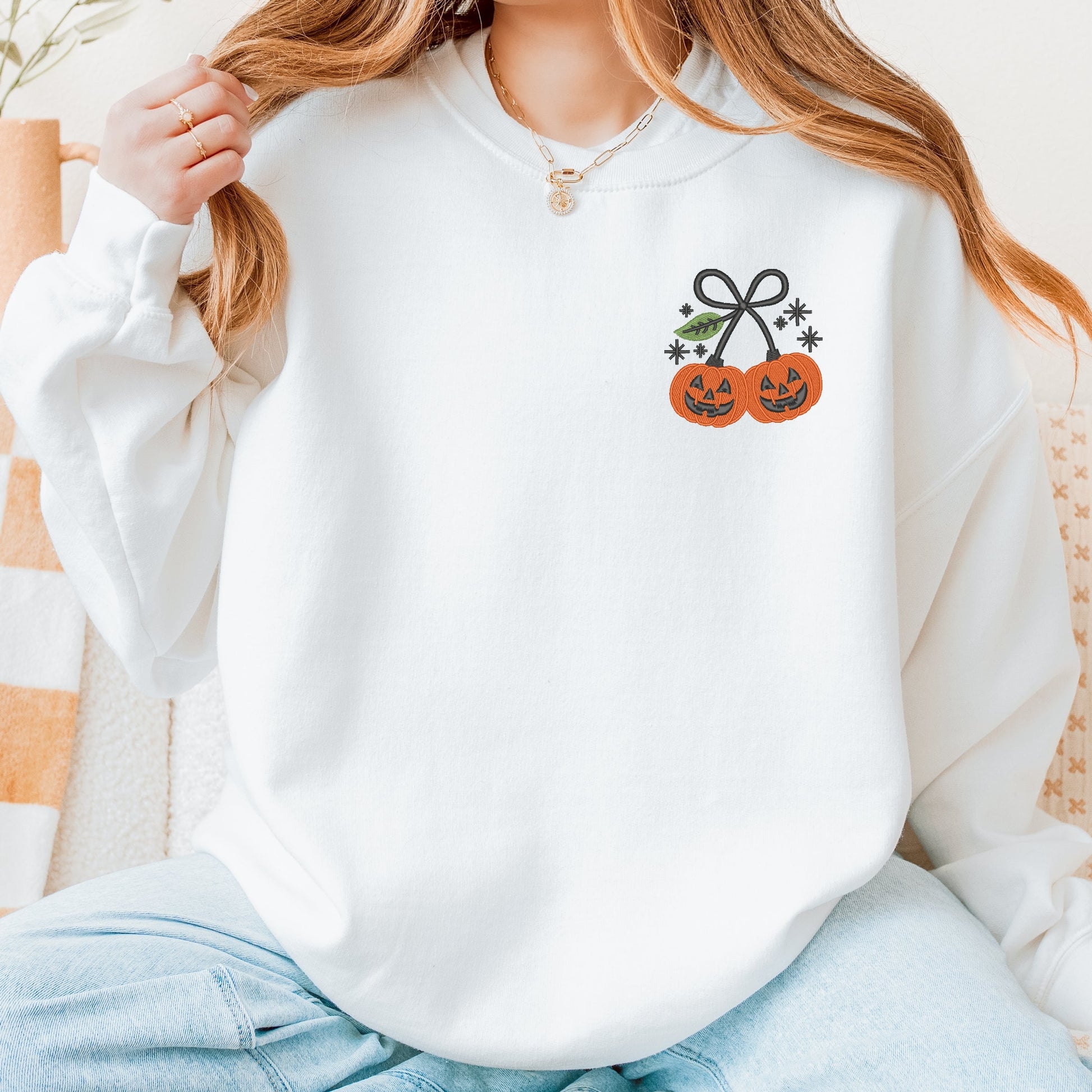 Embroidered Pumpkin Bow -  Women's Sweatshirt