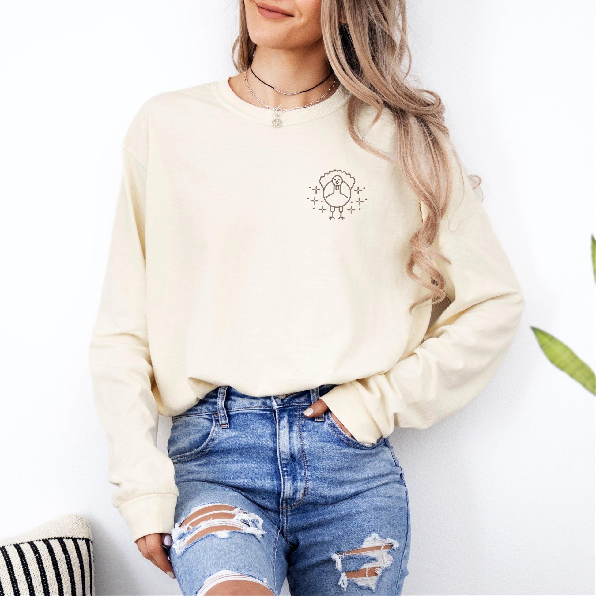 Embroidered Turkey Sparkles - Women's Garment Dyed Long Sleeve