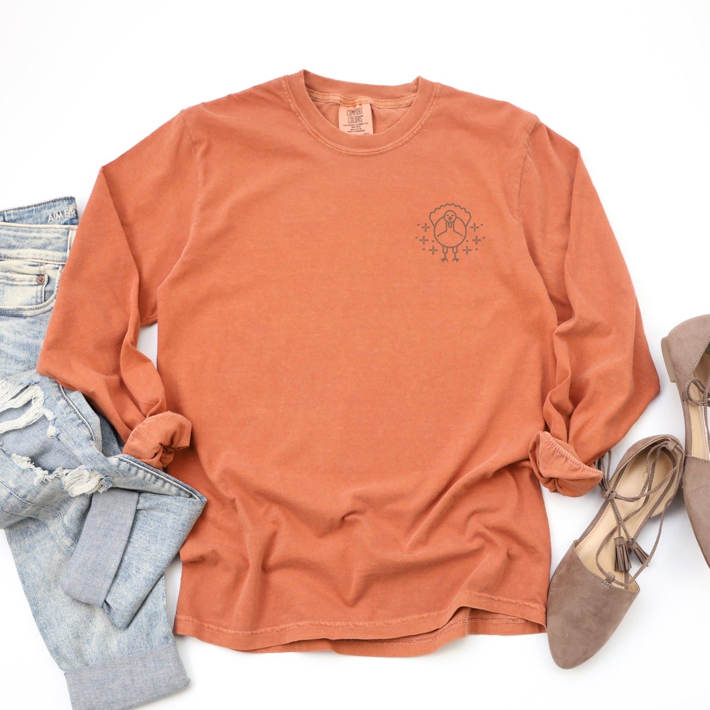 Embroidered Turkey Sparkles - Women's Garment Dyed Long Sleeve