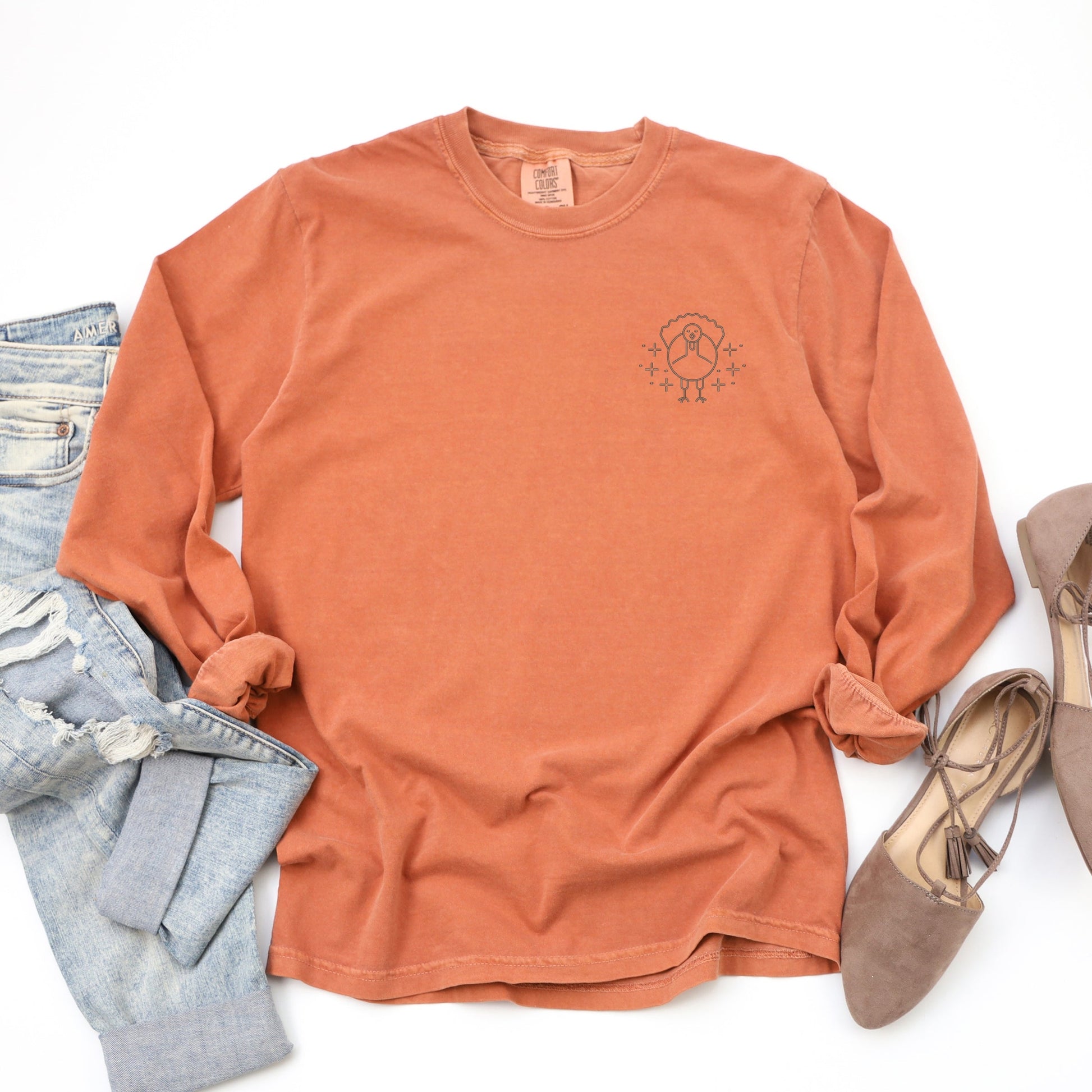 Embroidered Turkey Sparkles - Women's Garment Dyed Long Sleeve