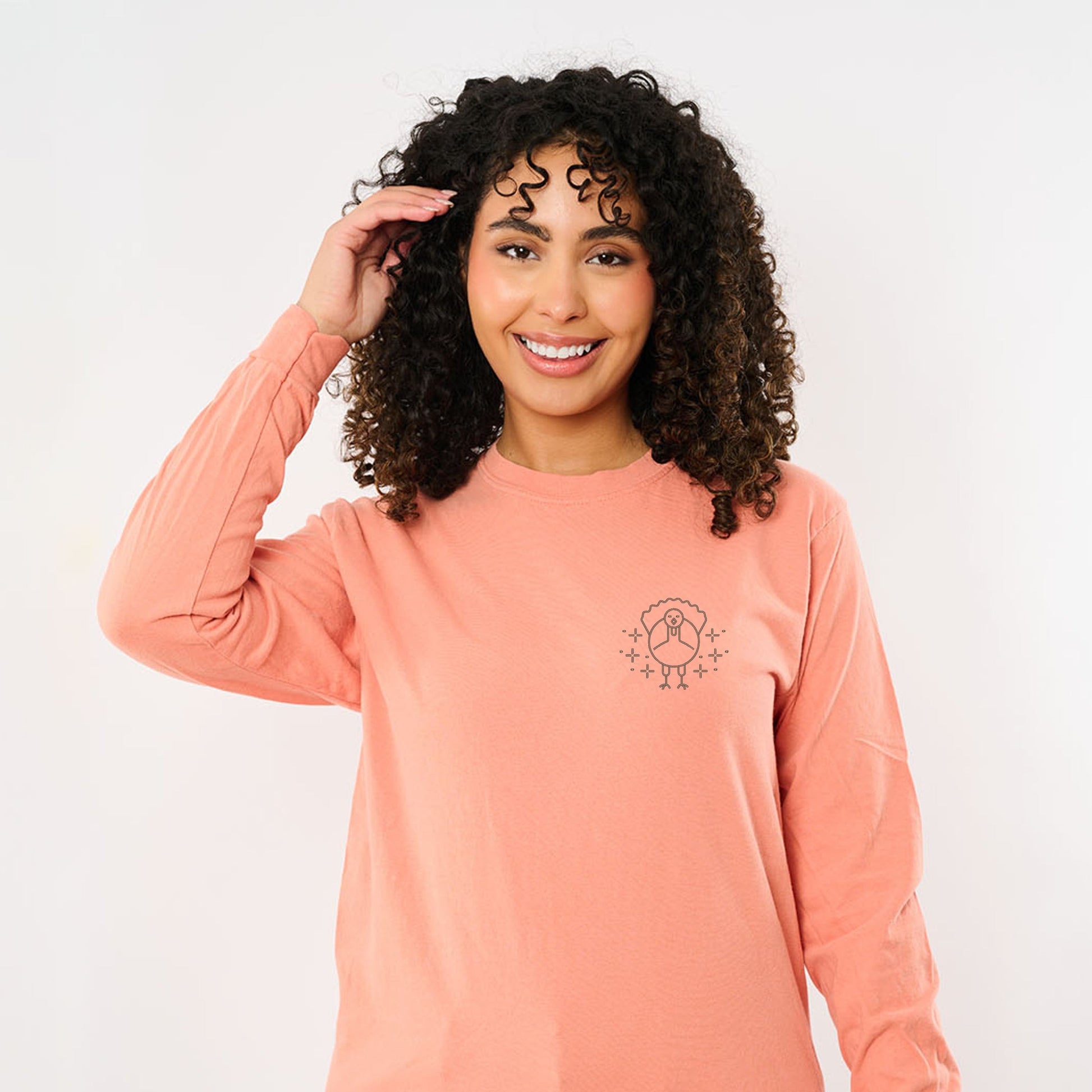 Embroidered Turkey Sparkles - Women's Garment Dyed Long Sleeve