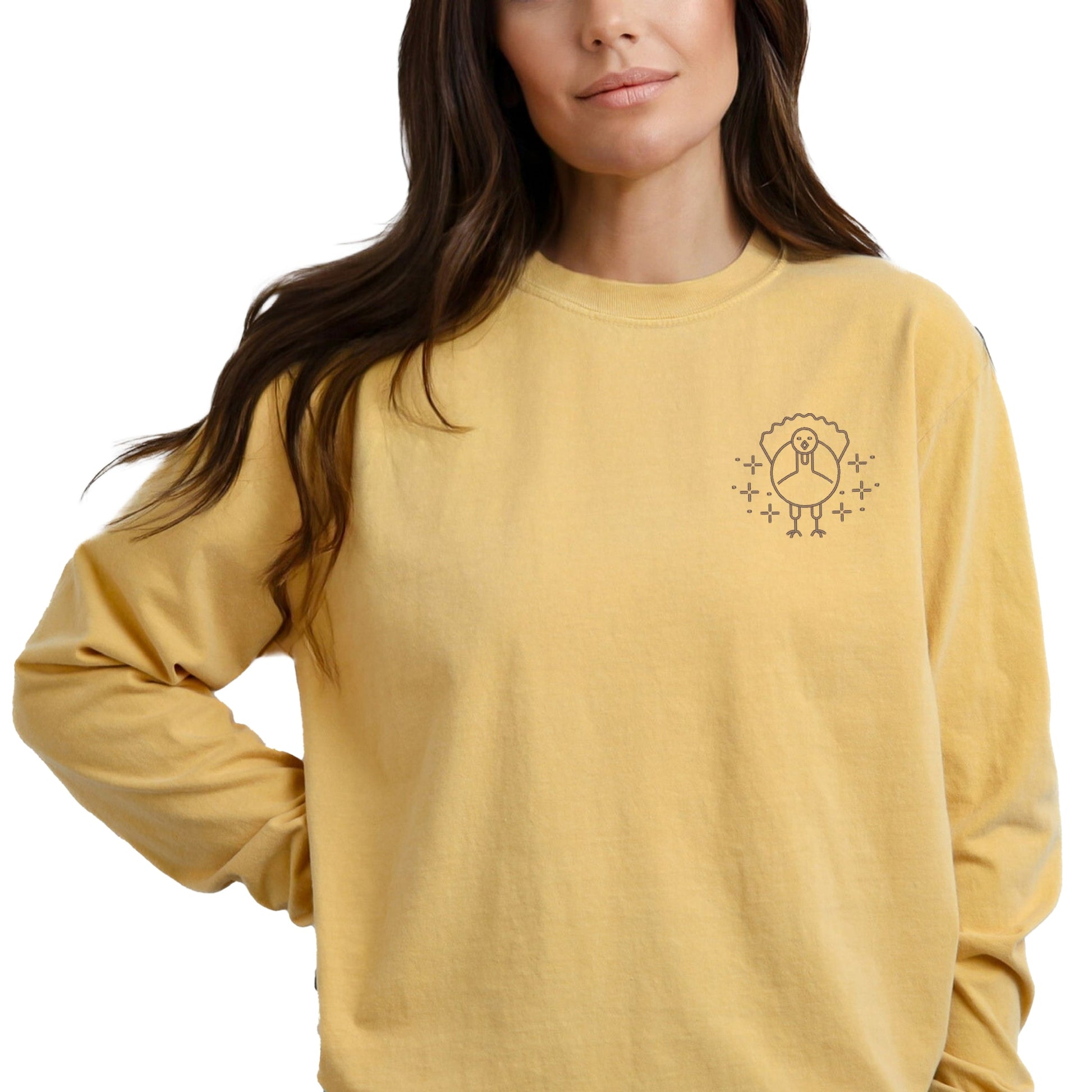 Embroidered Turkey Sparkles - Women's Garment Dyed Long Sleeve