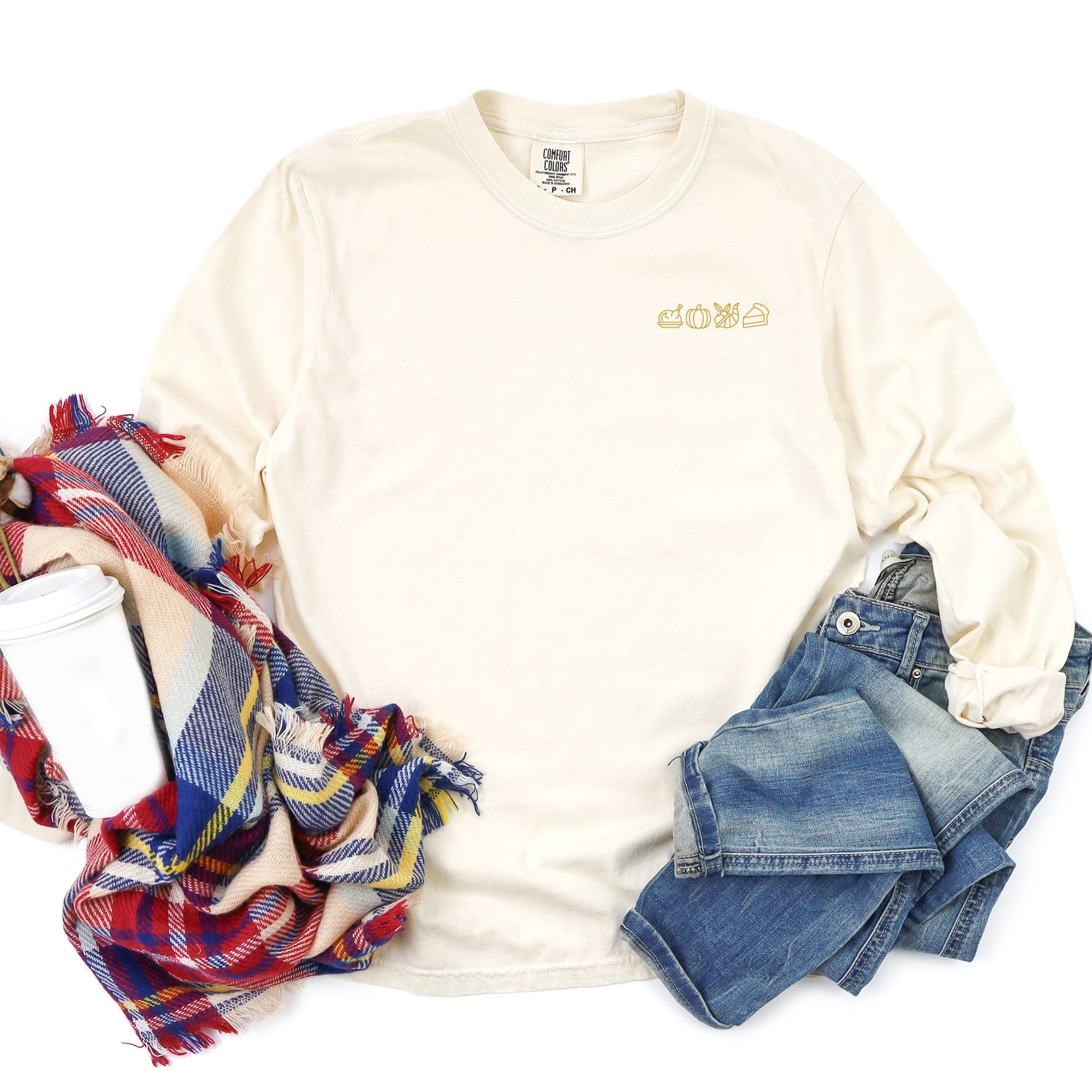 Embroidered Thanksgiving Icons - Womens Garment Dyed Long Sleeve