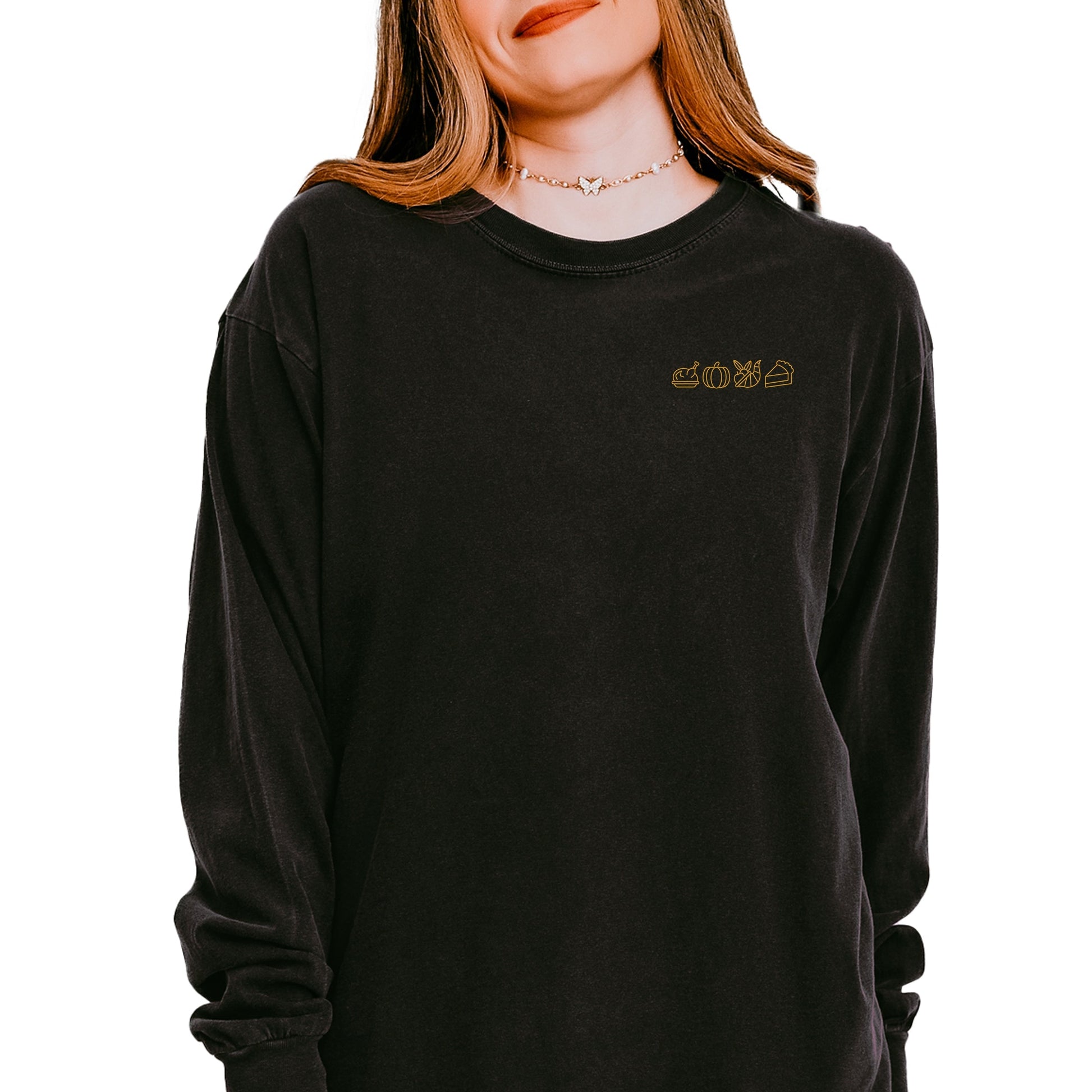 Embroidered Thanksgiving Icons - Womens Garment Dyed Long Sleeve