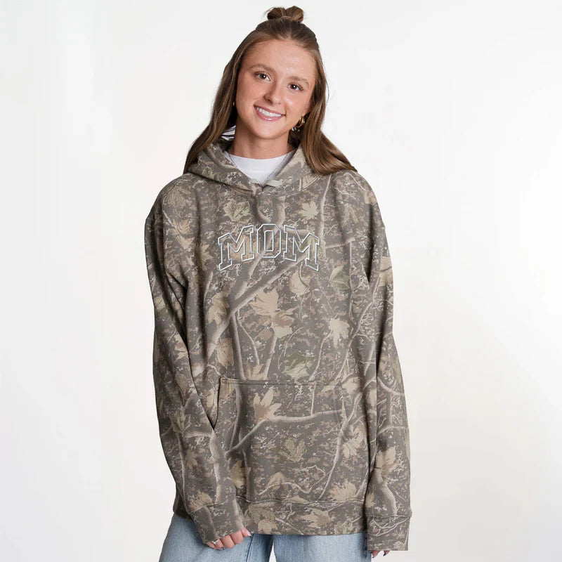 Embroidered Mom Varsity Outline - Camo Hoodie