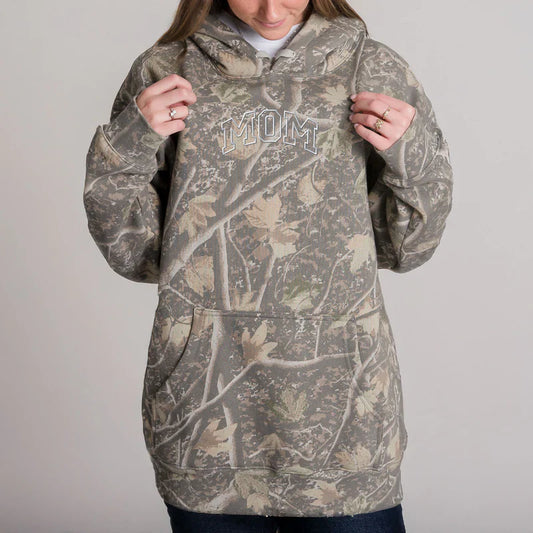 Embroidered Mom Varsity Outline - Camo Hoodie