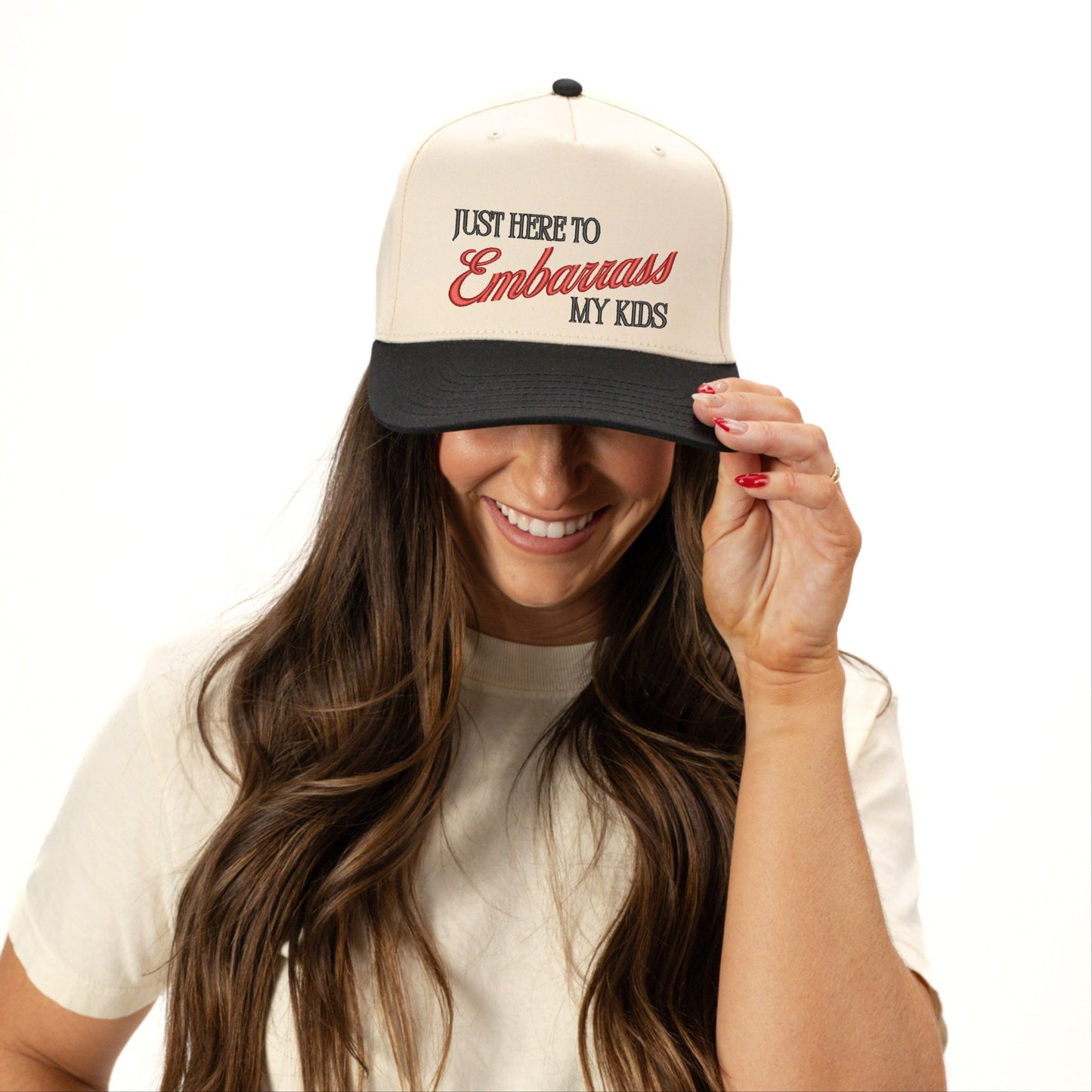 Embroidered Just Here To Embarrass My Kids - Women's Canvas Trucker Hat