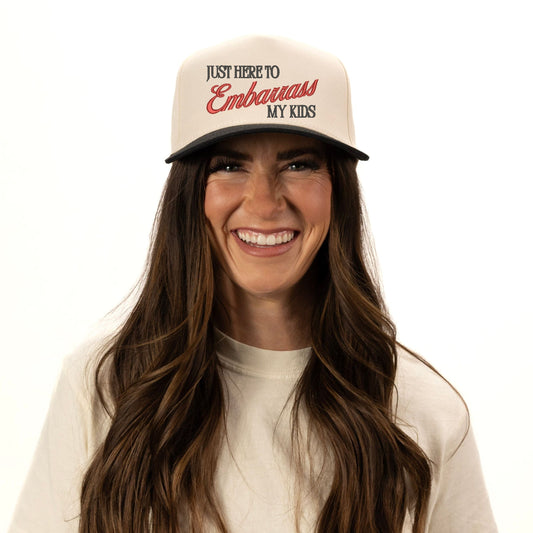 Embroidered Just Here To Embarrass My Kids - Women's Canvas Trucker Hat