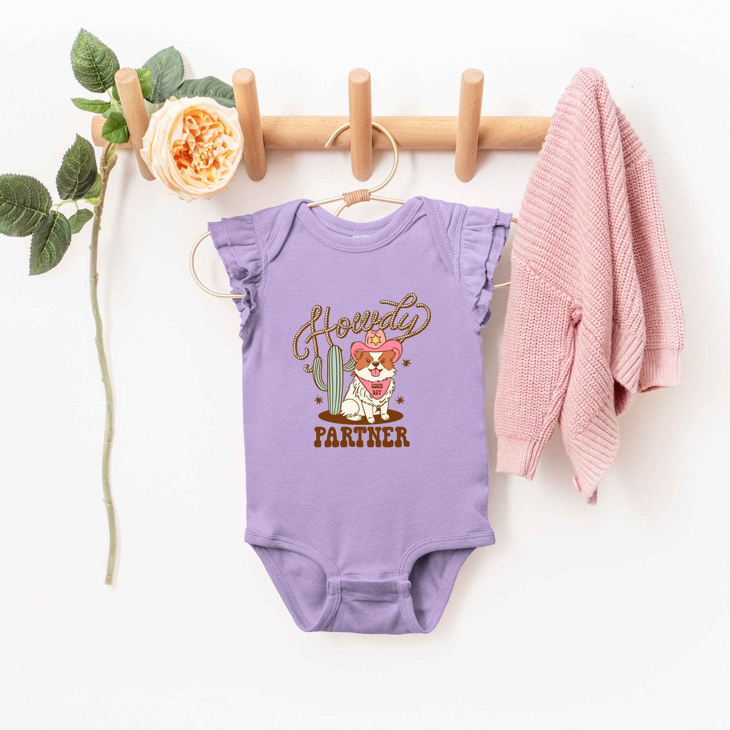 Howdy Partner Dog | Baby Graphic Flutter Sleeve Onesie