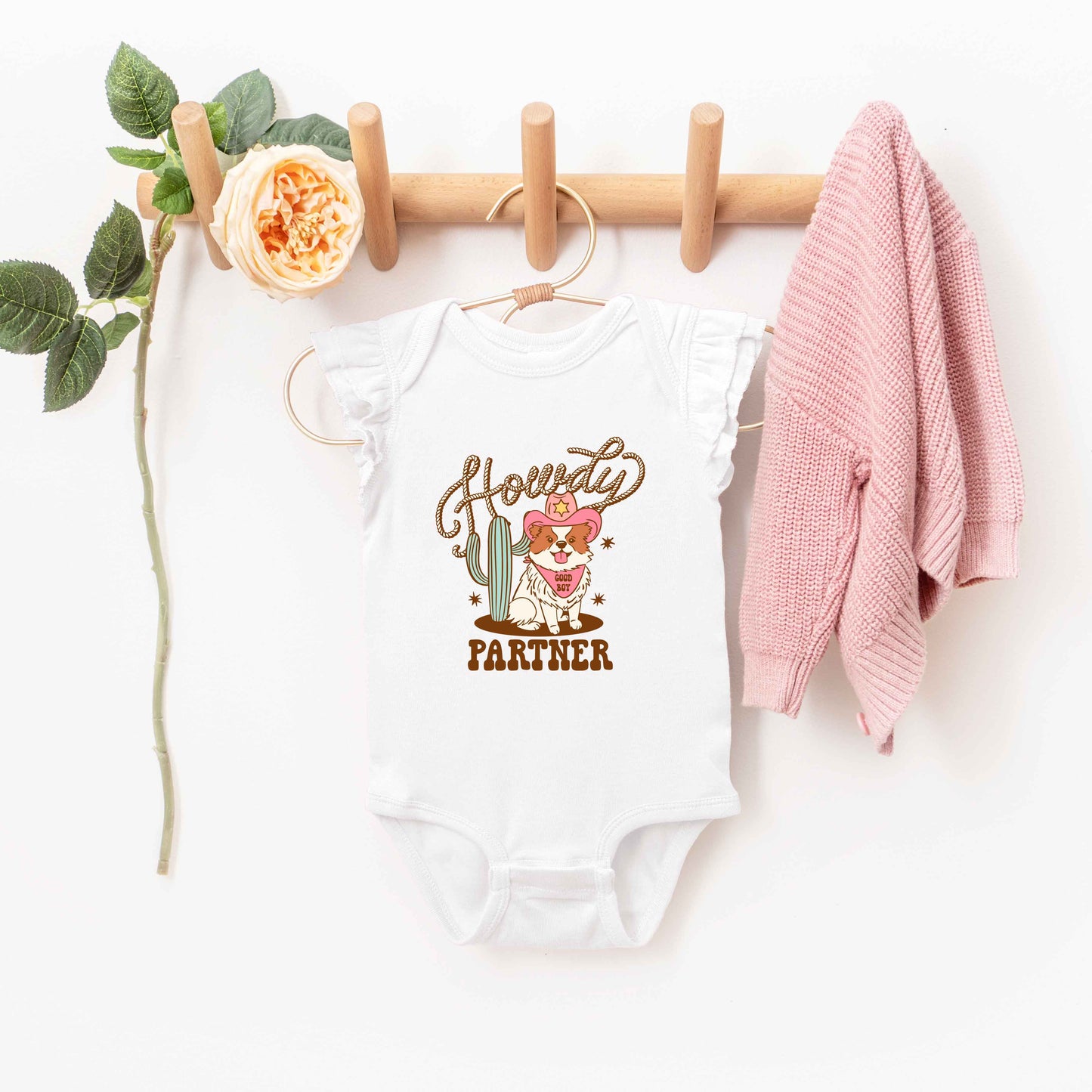 Howdy Partner Dog | Baby Graphic Flutter Sleeve Onesie