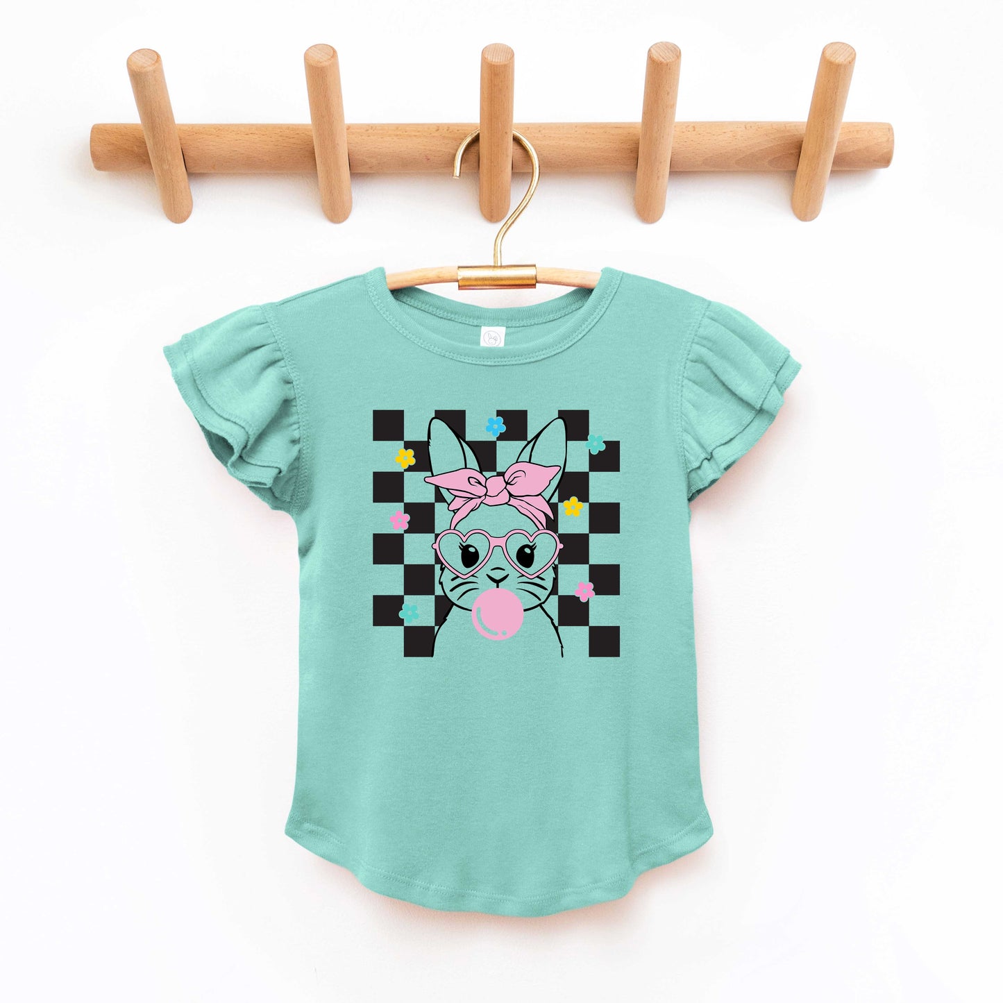 Checkered Groovy Bunny | Toddler Flutter Sleeve Crew Neck