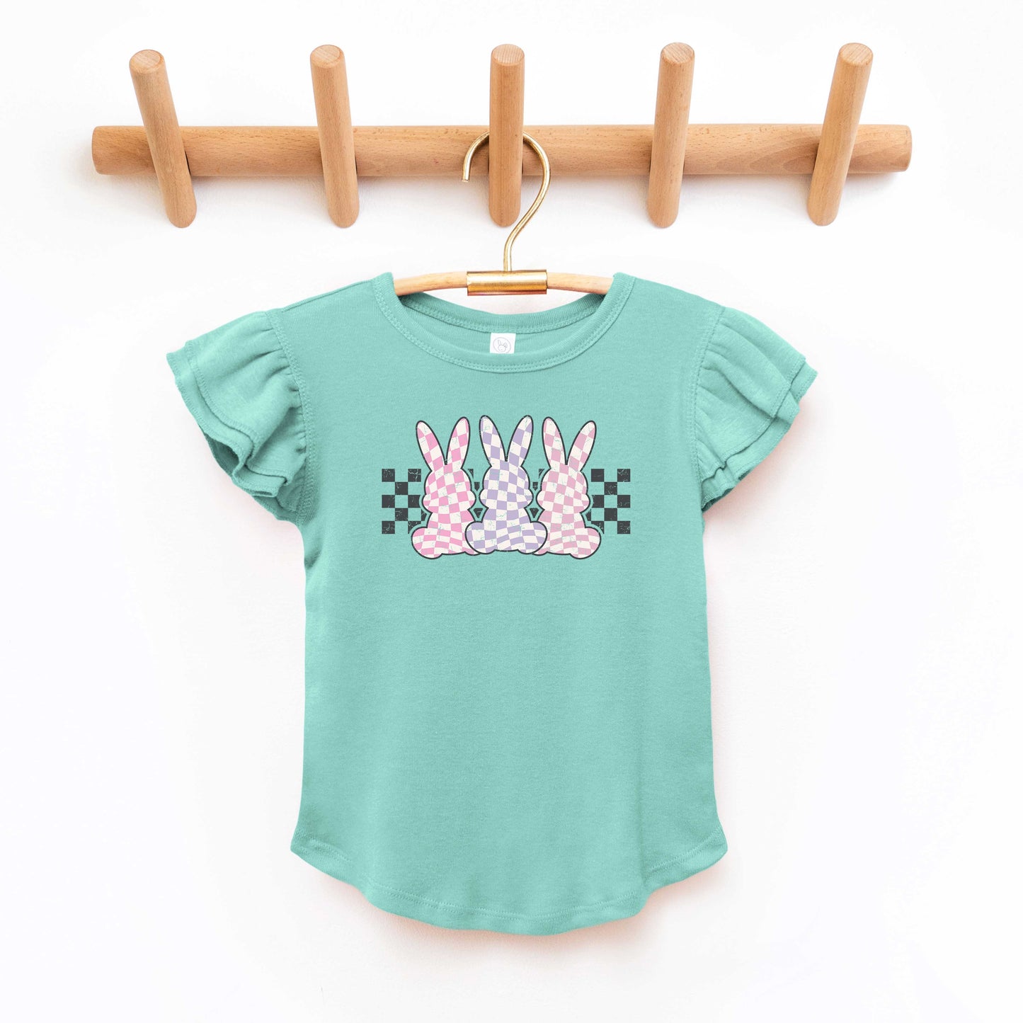 Checkered Triple Bunnies | Toddler Flutter Sleeve Crew Neck