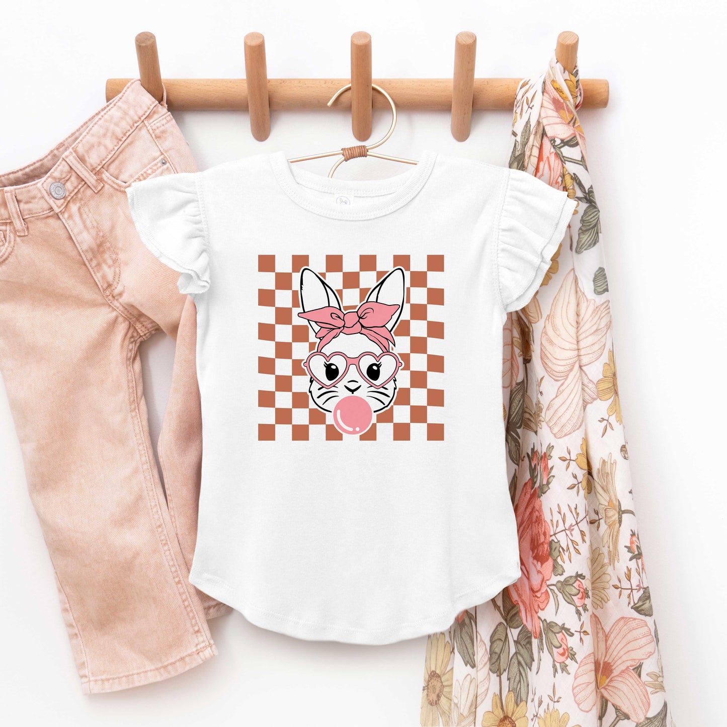 Checkered Bunny | Toddler Flutter Sleeve Crew Neck