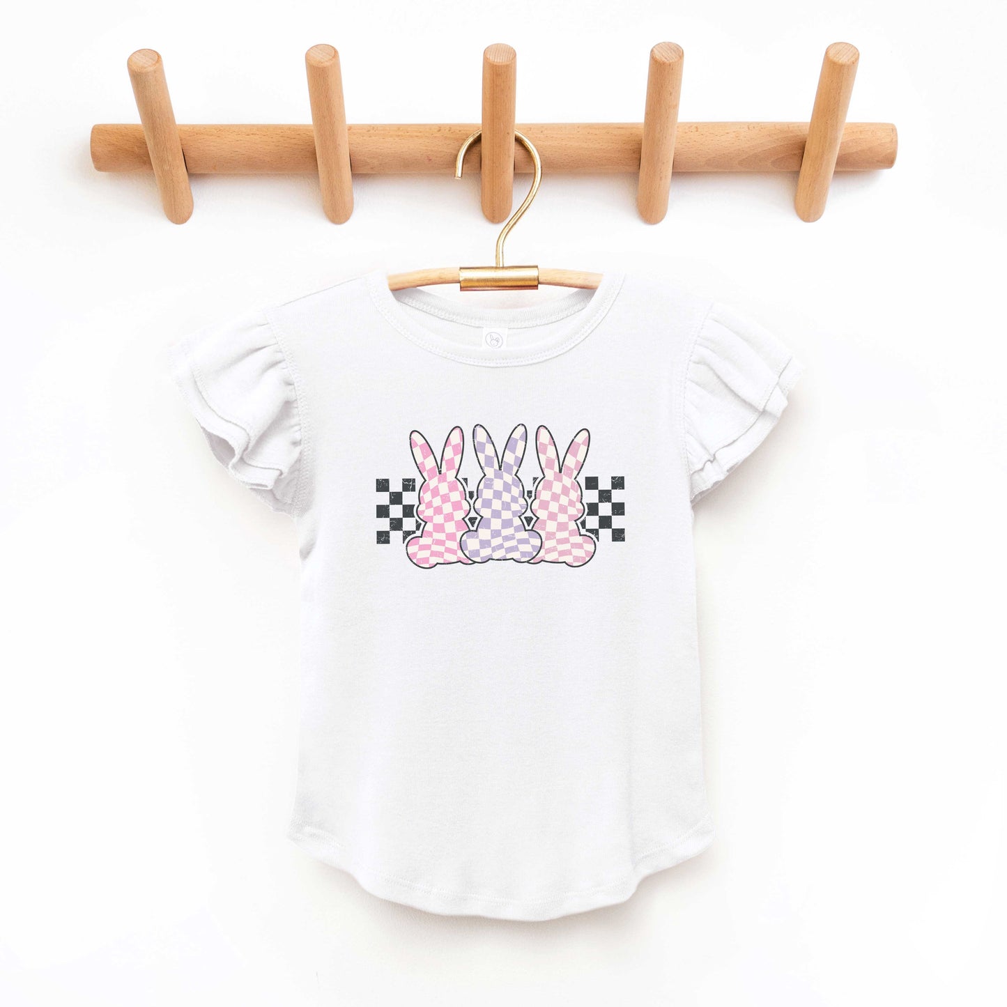 Checkered Triple Bunnies | Toddler Flutter Sleeve Crew Neck
