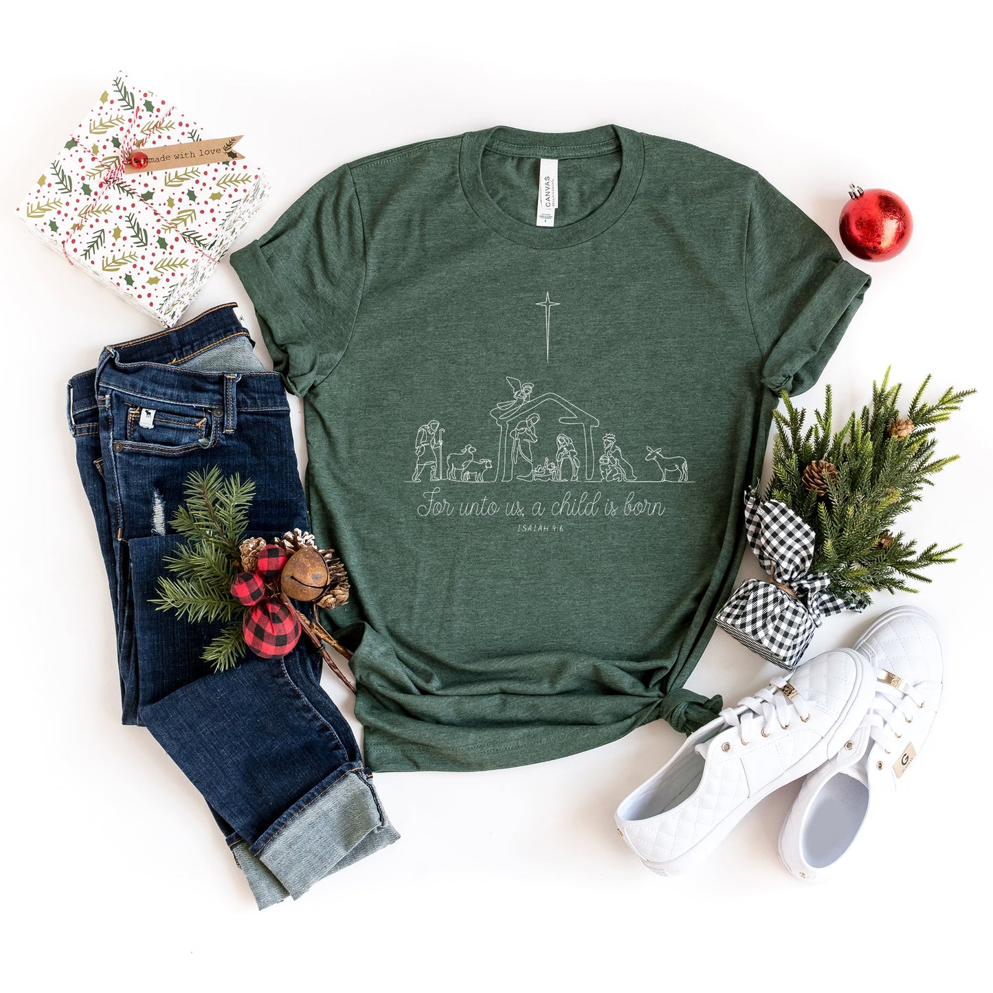 For Unto Us a Child is Born Nativity  | Short Sleeve Crewneck