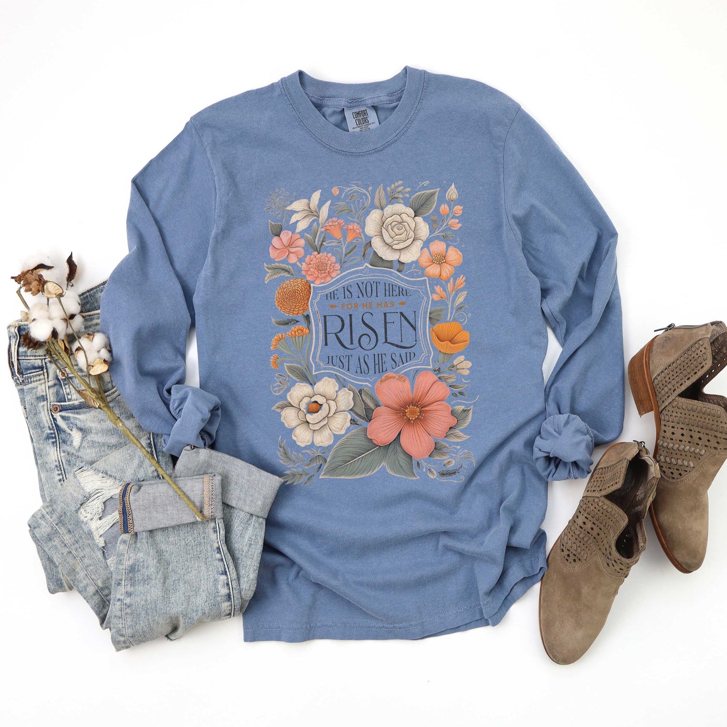 He Has Risen Distressed Floral | Garment Dyed Long Sleeve