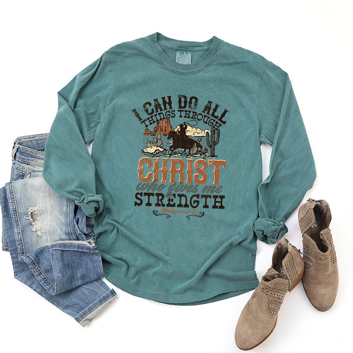 I Can Do All Things Through Christ Cowboy | Garment Dyed Long Sleeve