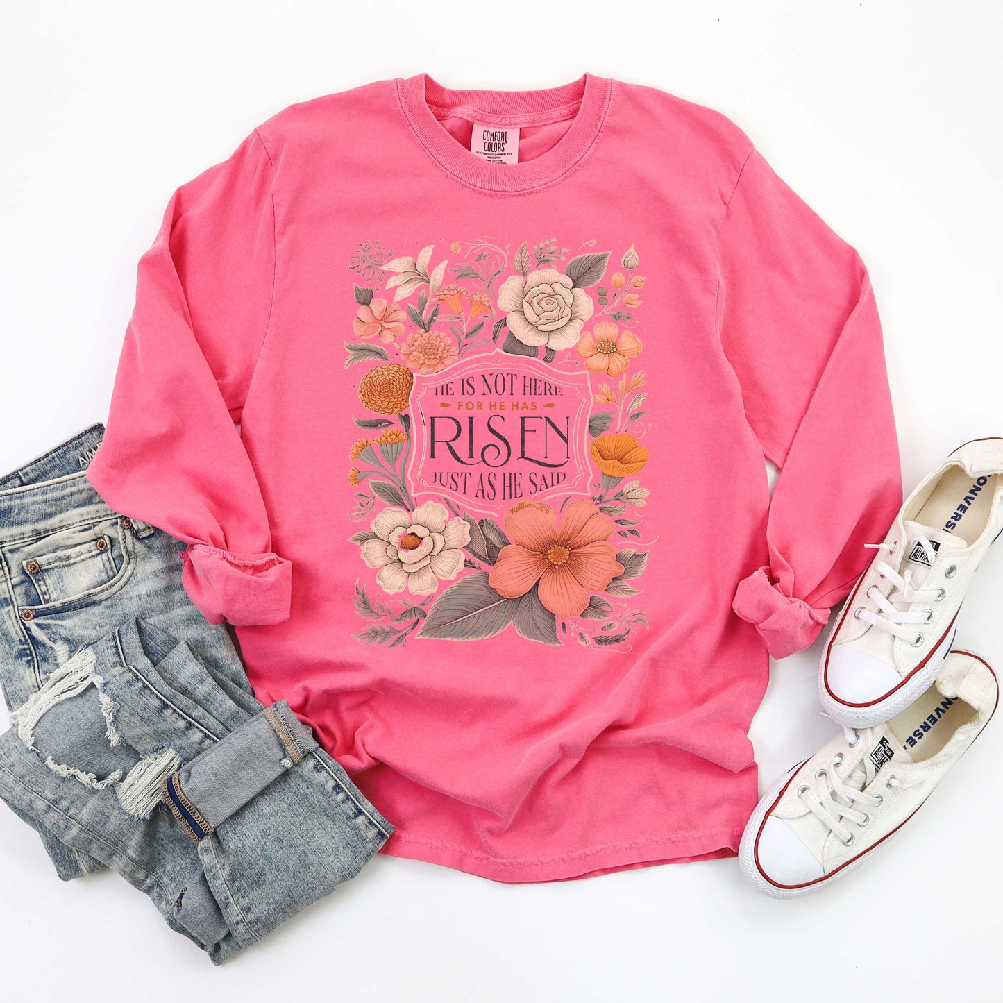 He Has Risen Distressed Floral | Garment Dyed Long Sleeve