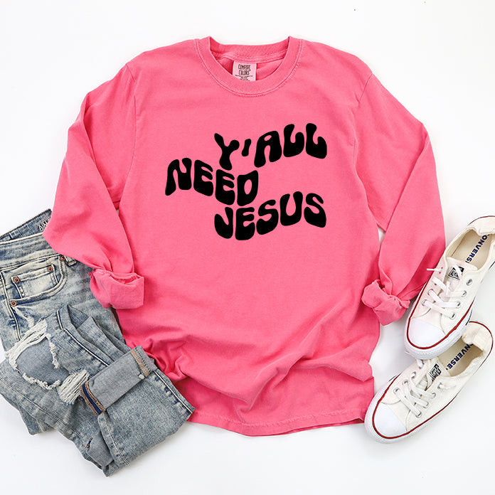 Retro Y'all Need Jesus Wavy | Garment Dyed Long Sleeve