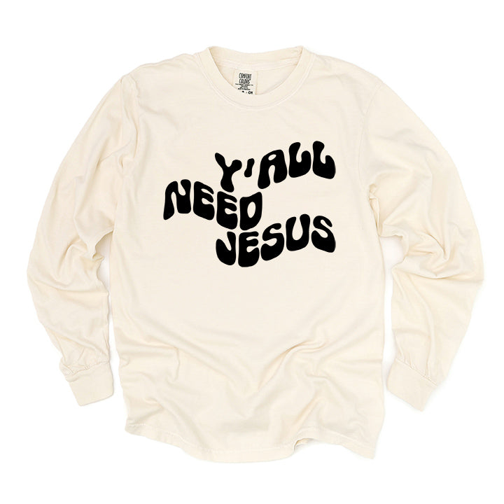 Retro Y'all Need Jesus Wavy | Garment Dyed Long Sleeve