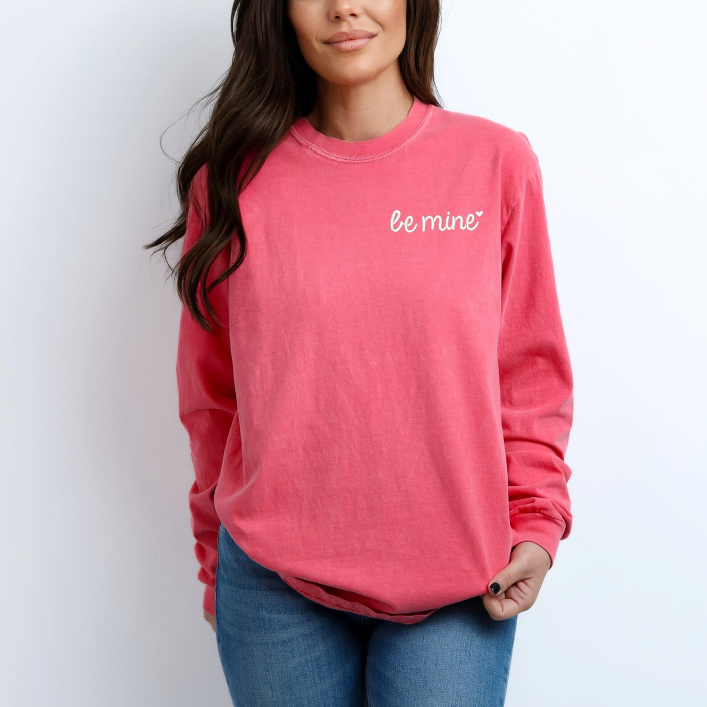 Embroidered Be Mine Heart | Garment Dyed Long Sleeve