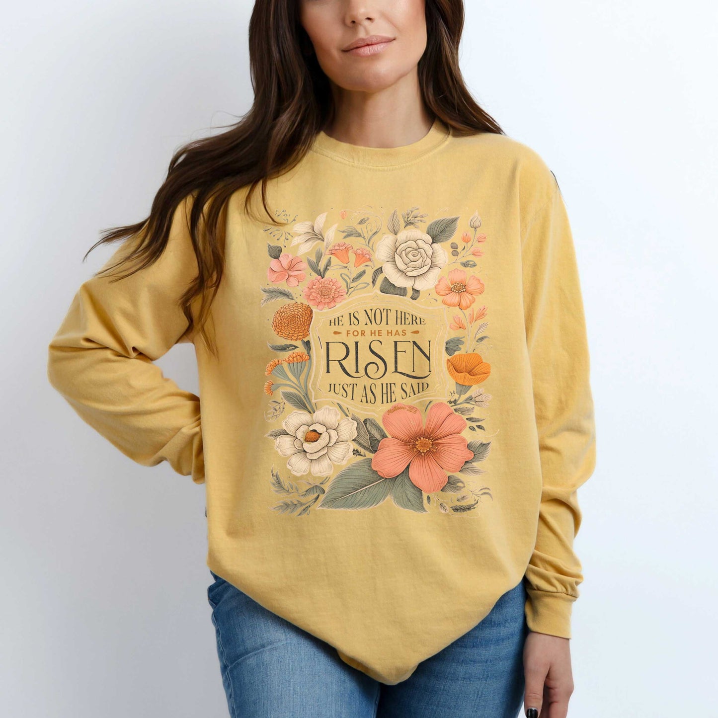He Has Risen Distressed Floral | Garment Dyed Long Sleeve