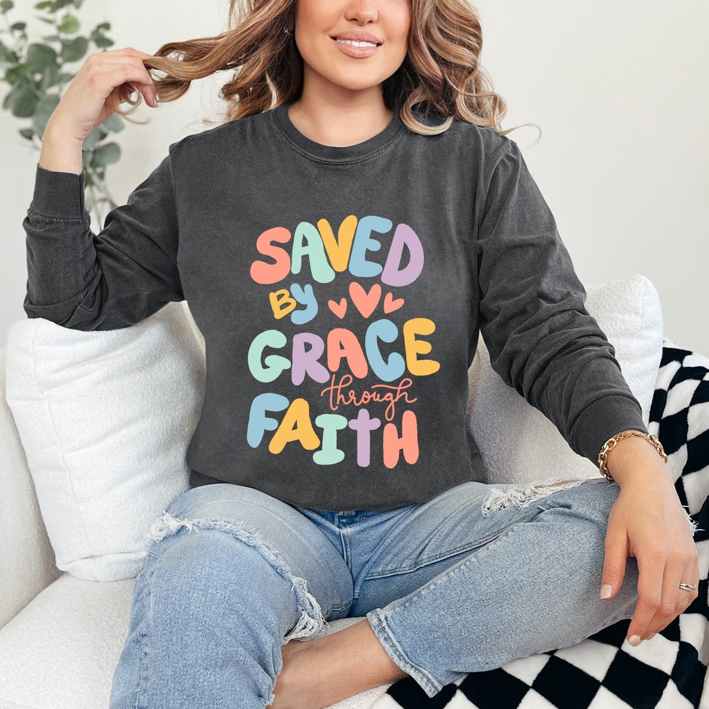 Saved By Grace Hearts | Garment Dyed Long Sleeve