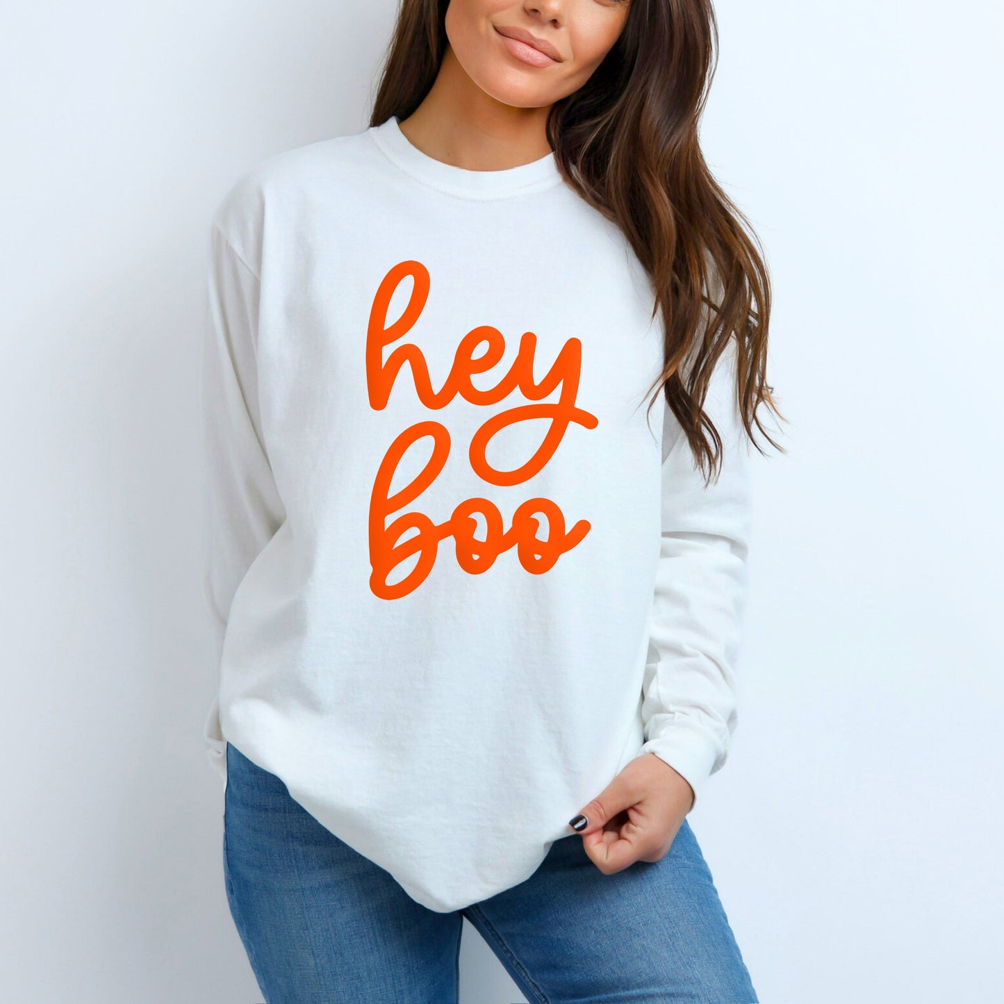 Hey Boo Cursive Puff Print | Garment Dyed Long Sleeve