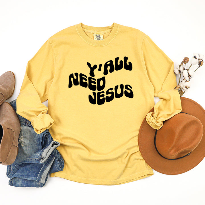 Retro Y'all Need Jesus Wavy | Garment Dyed Long Sleeve