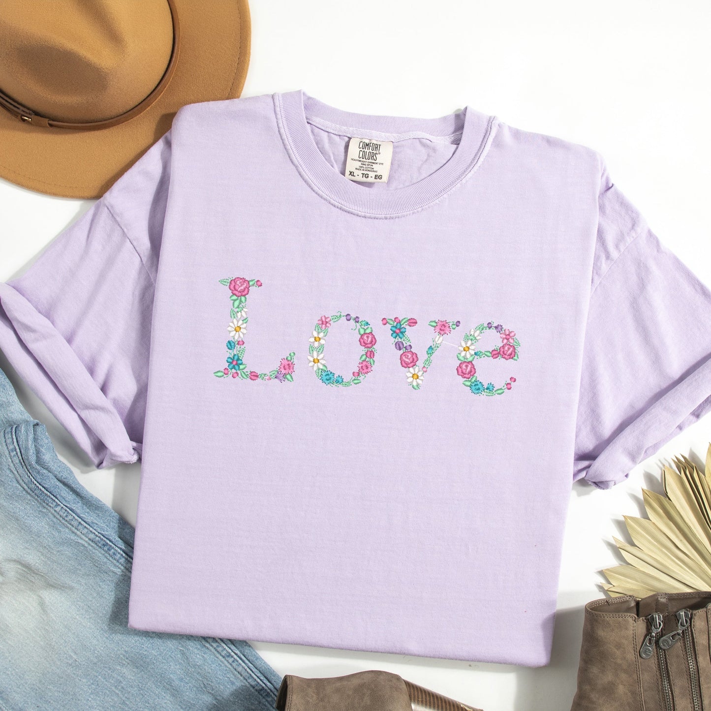 Embroidered Love Floral | Garment Dyed Tee