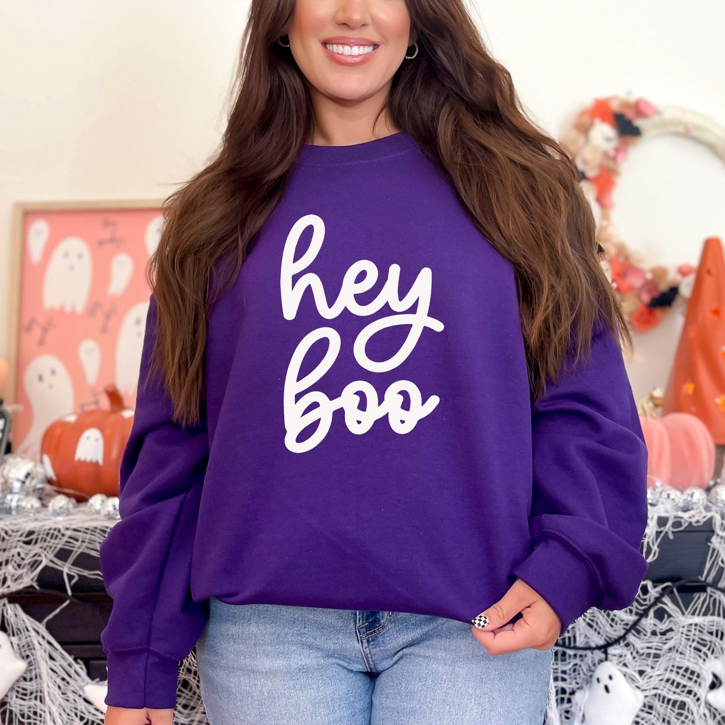 Hey Boo Cursive Puff Print | Sweatshirt