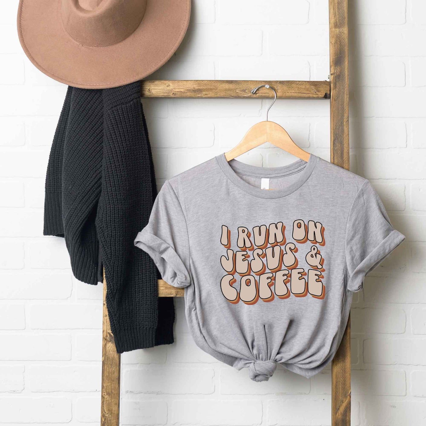 I Run On Jesus And Coffee Retro | Short Sleeve Crew Neck