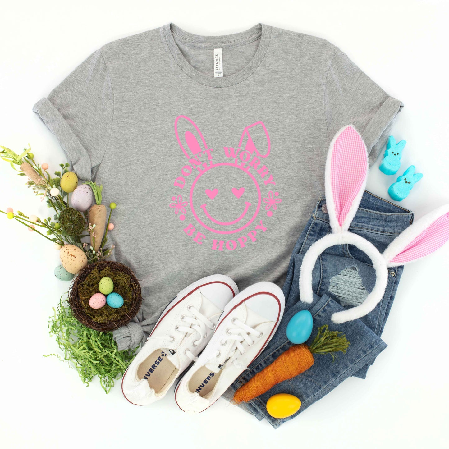 Don't Worry Be Hoppy Smiley Bunny | Youth Short Sleeve Crew Neck