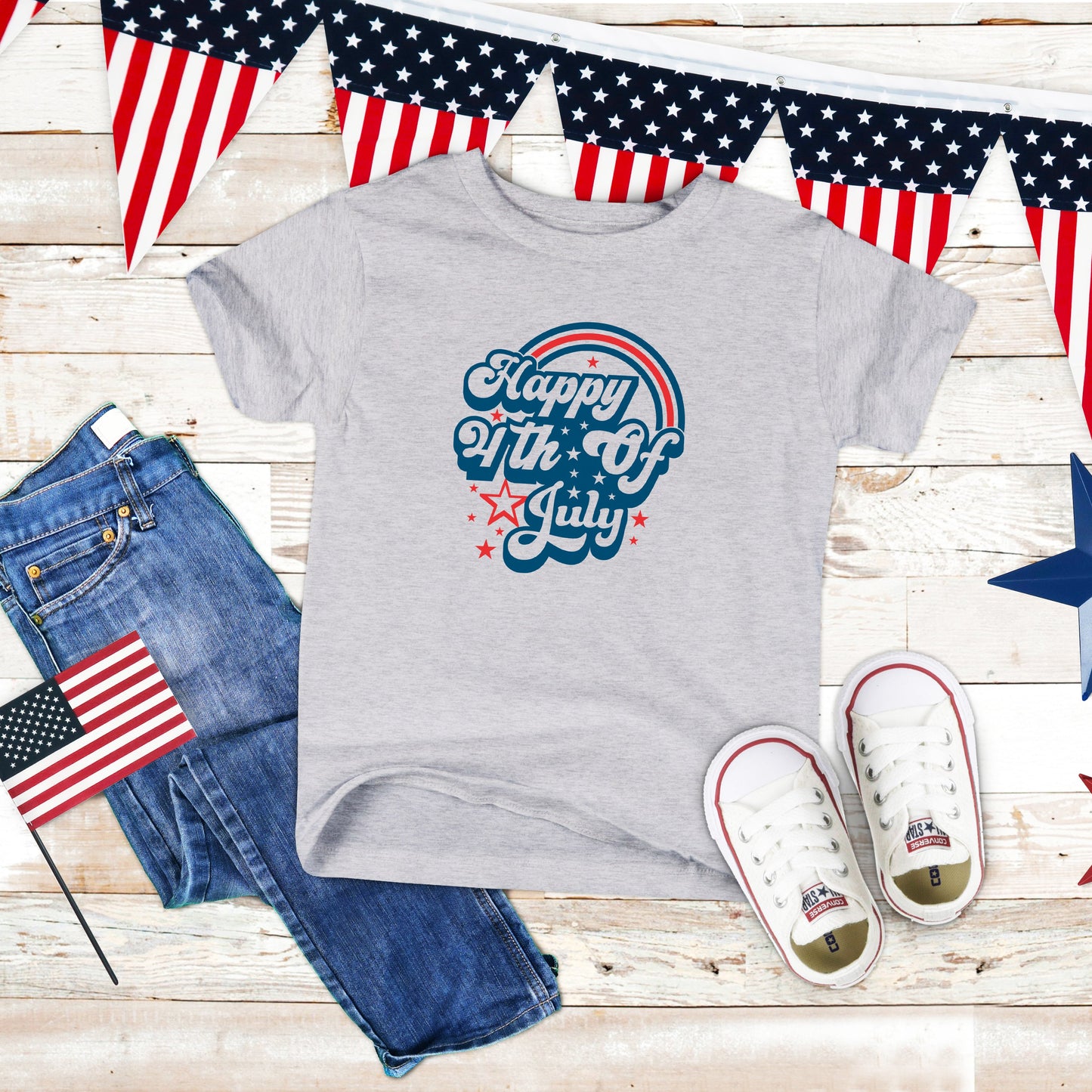 Happy 4th of July Rainbow | Toddler Short Sleeve Crew Neck
