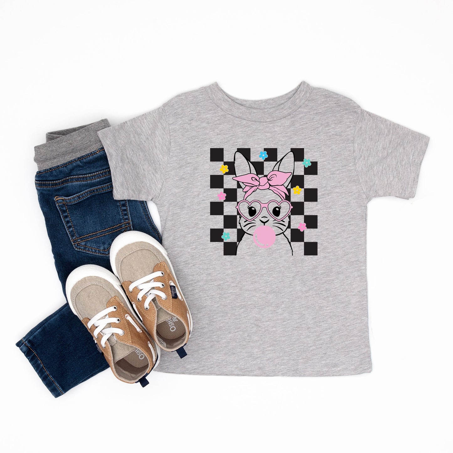 Checkered Groovy Bunny | Toddler Short Sleeve Crew Neck