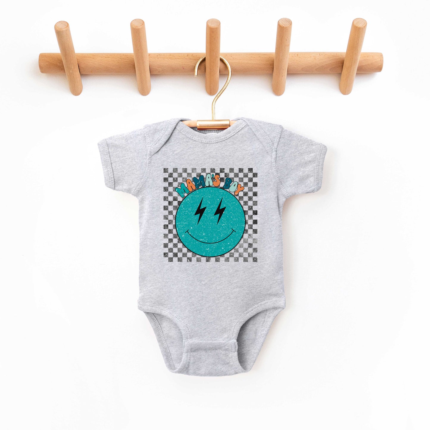 Mama's Boy Checkered Smiley Face | Baby Graphic Short Sleeve Onesie