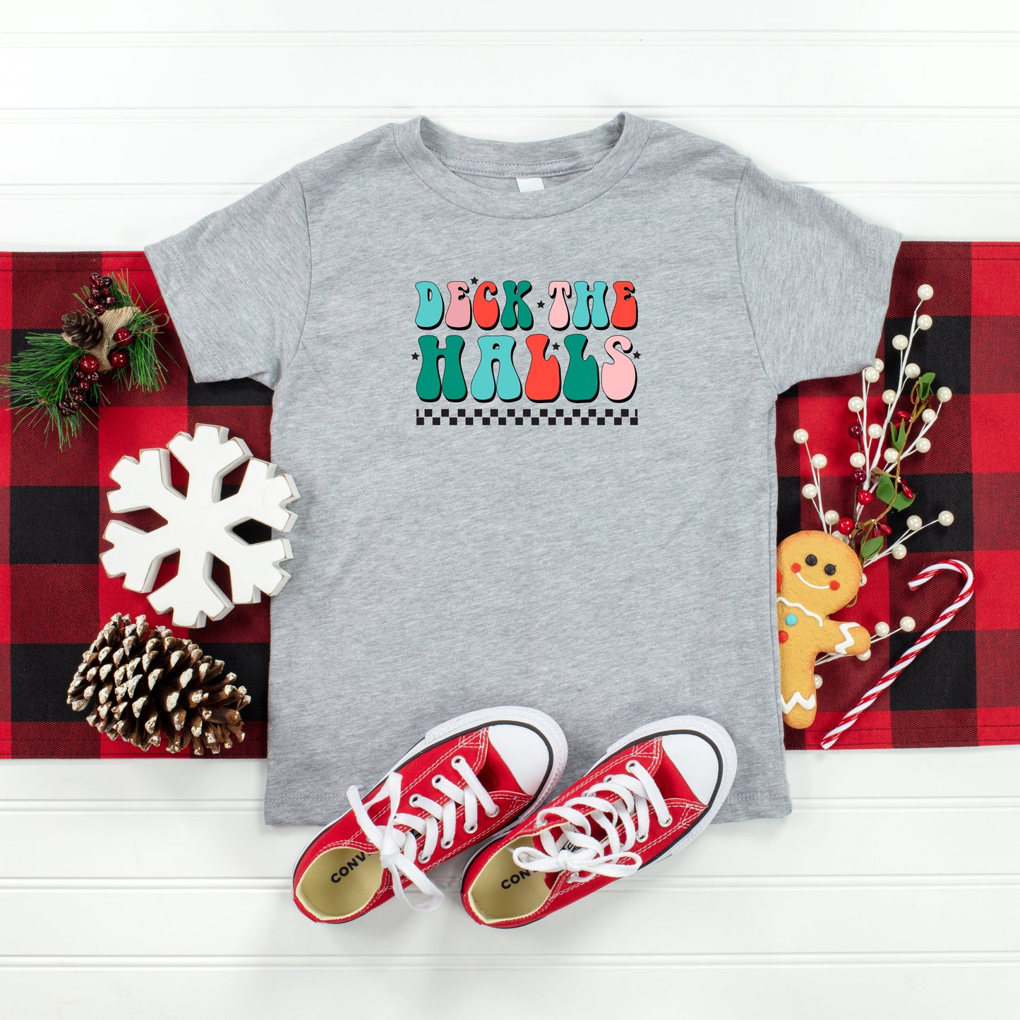 Retro Deck The Halls Checkered | Toddler Short Sleeve Crew Neck