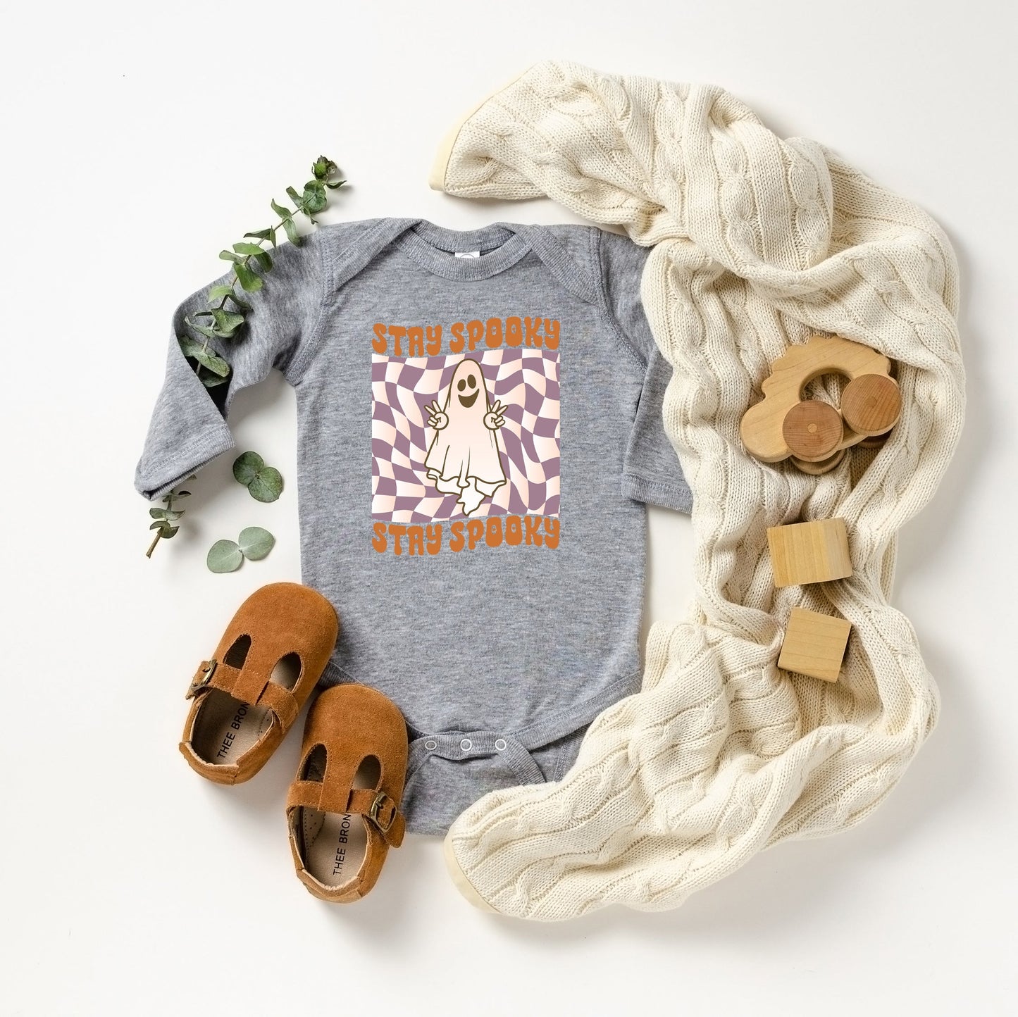 Checkered Stay Spooky Ghost | Baby Long Sleeve Onesie