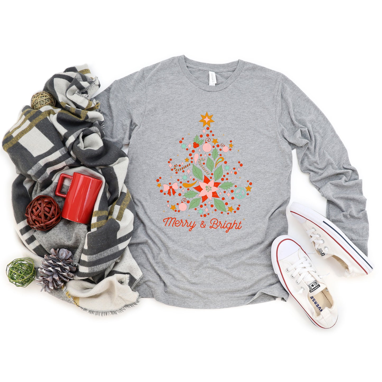 Merry and Bright Tree Grunge | Long Sleeve Crew Neck
