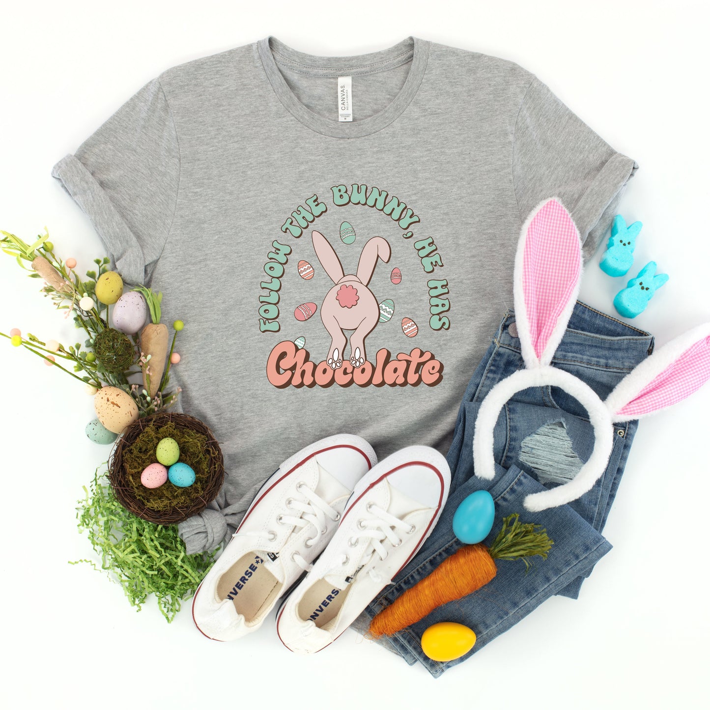 Follow The Bunny He Has Chocolate | Youth Short Sleeve Crew Neck