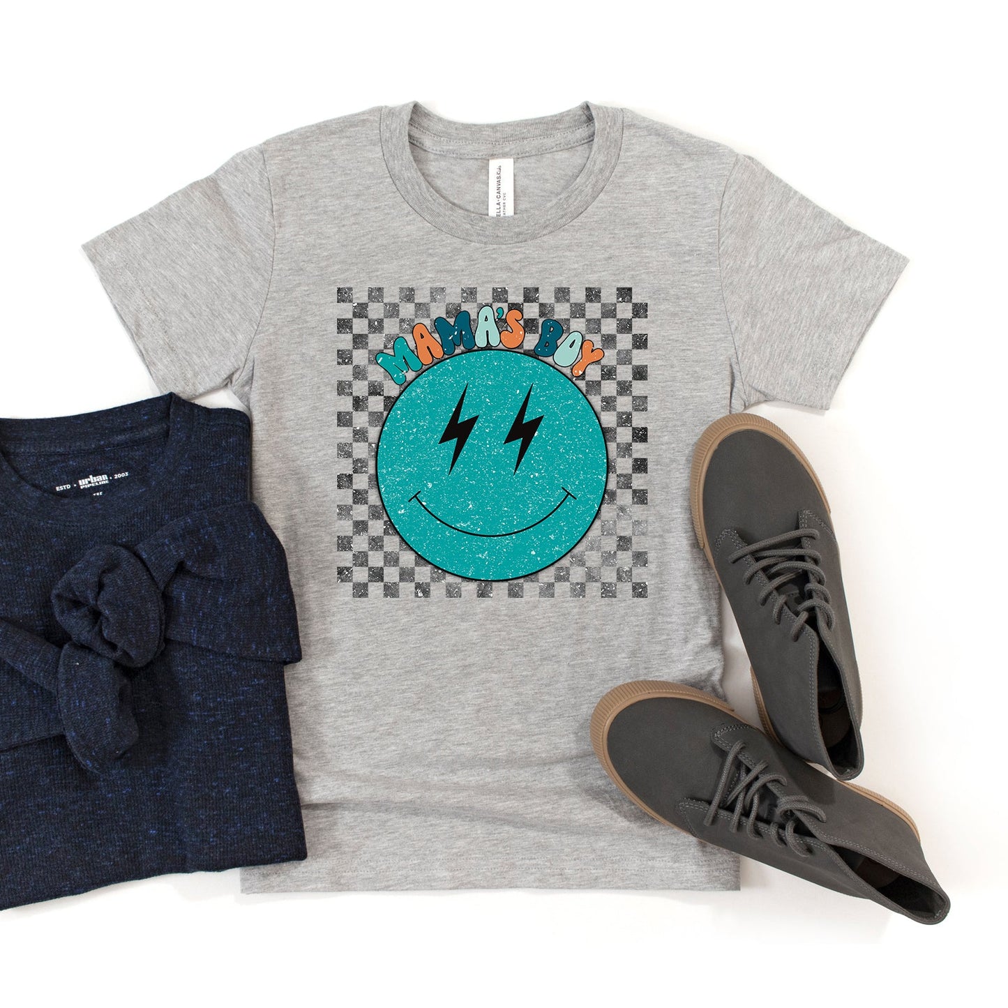 Mama's Boy Checkered Smiley Face | Youth Short Sleeve Crew Neck