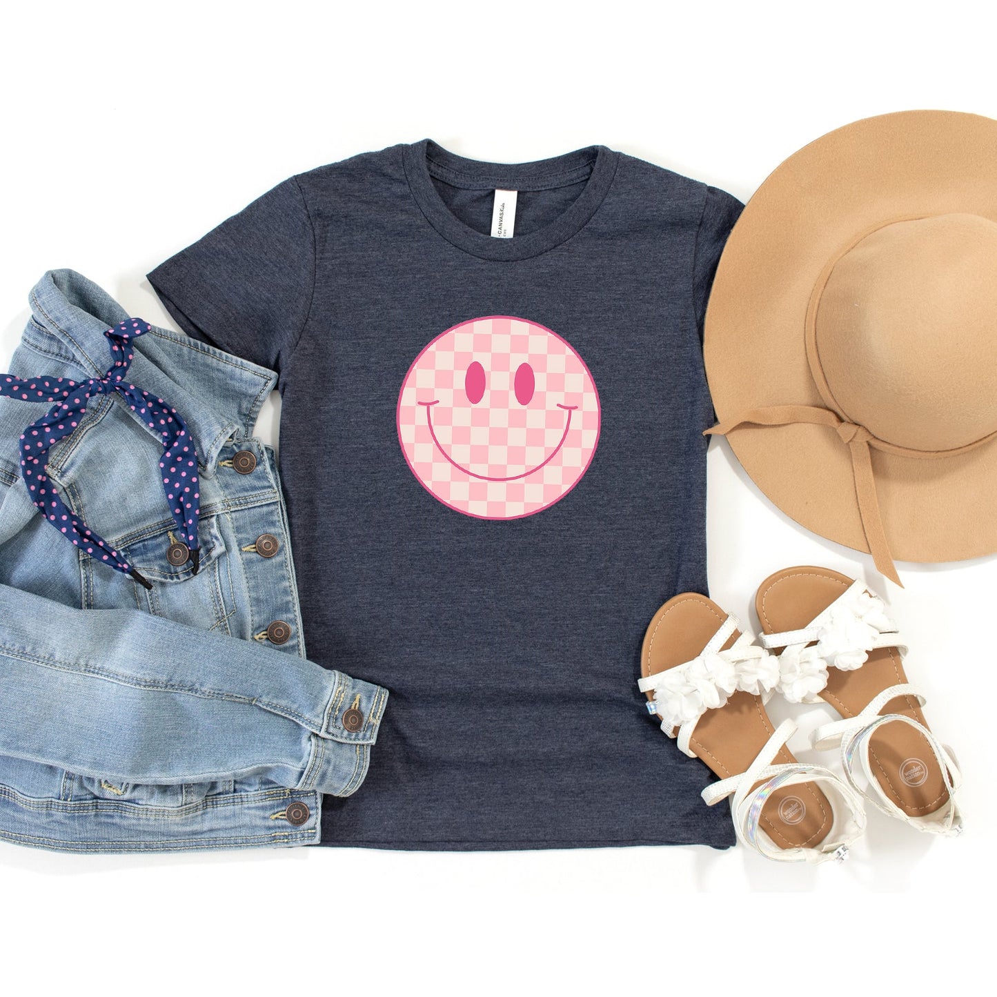 Pink Checker Smiley Face | Youth Short Sleeve Crew Neck