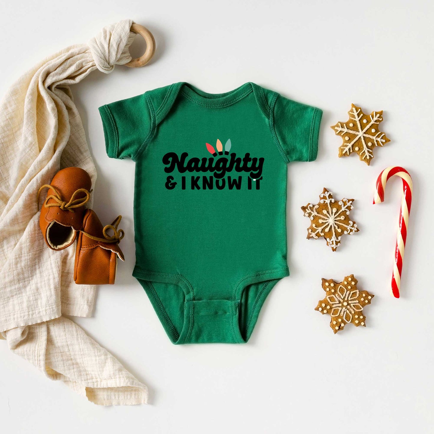 Naughty And I Know It Lights | Baby Graphic Short Sleeve Onesie