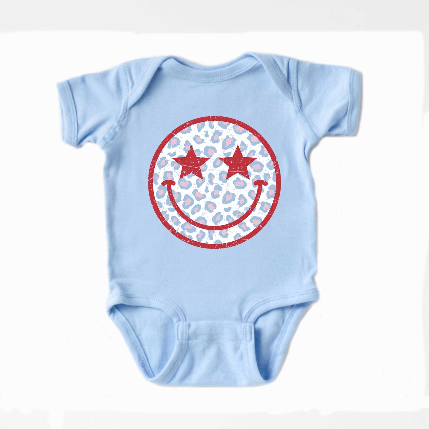 Leopard Patriotic Smiley Face | Baby Graphic Short Sleeve Onesie