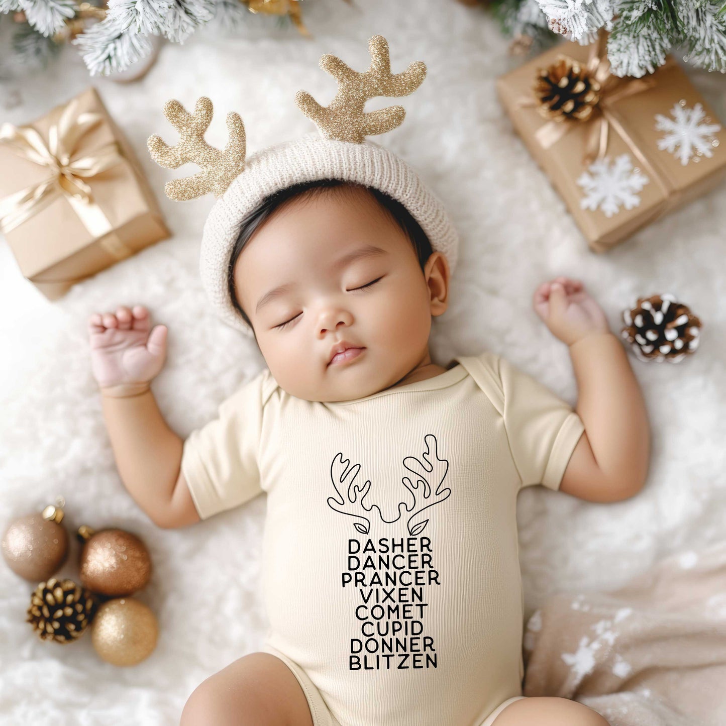 Reindeer Names Antlers | Baby Graphic Short Sleeve Onesie